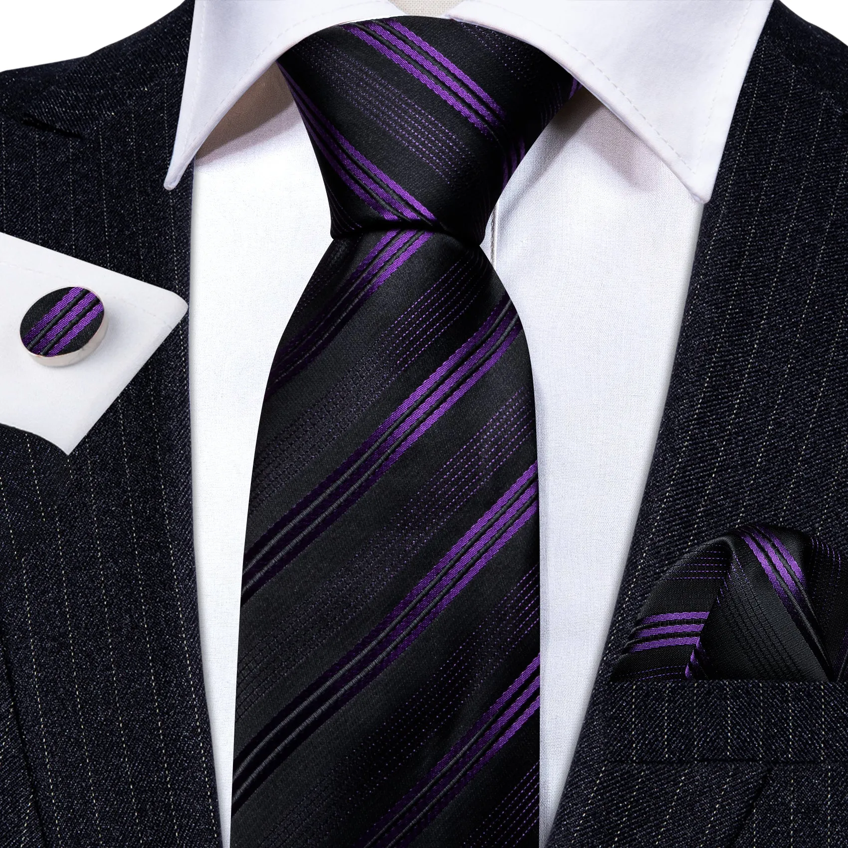 Cyber Monday Flash Sale Barry.wang Black Tie Purple Striped Silk Men's Tie Hanky Cufflinks Set sold by Barrywang product image thumbnail 2