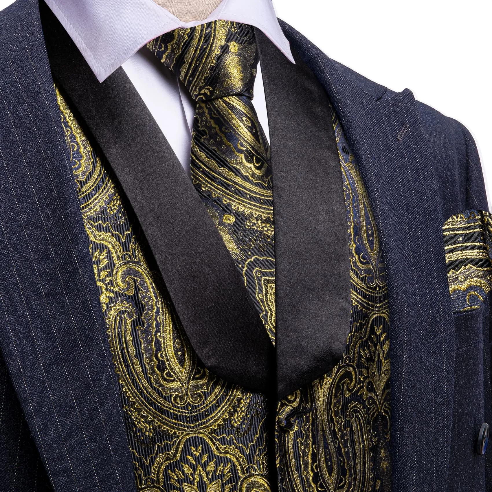 Barry Wang Mens Vest Black Gold Floral Shawl Lapel Silk Waistcoat Tie Set sold by Barrywang