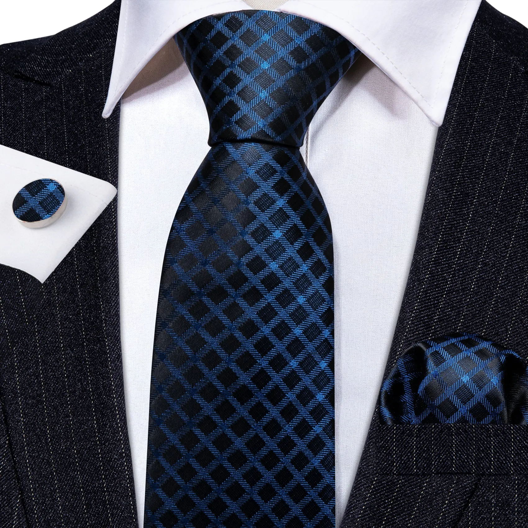 Blue Black Plaid Silk Tie Handkerchief Cufflinks Set sold by Barrywang product image thumbnail 2