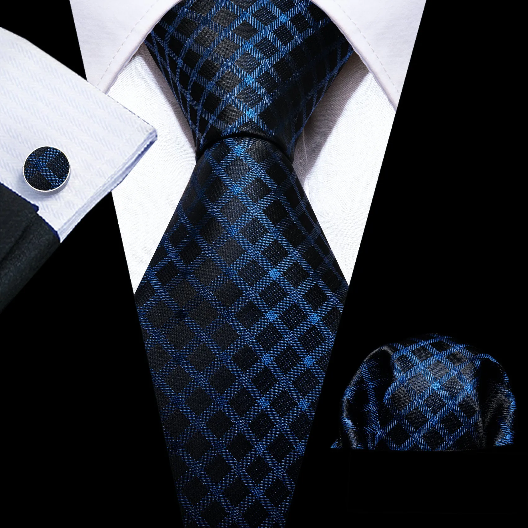 Blue Black Plaid Silk Tie Handkerchief Cufflinks Set sold by Barrywang