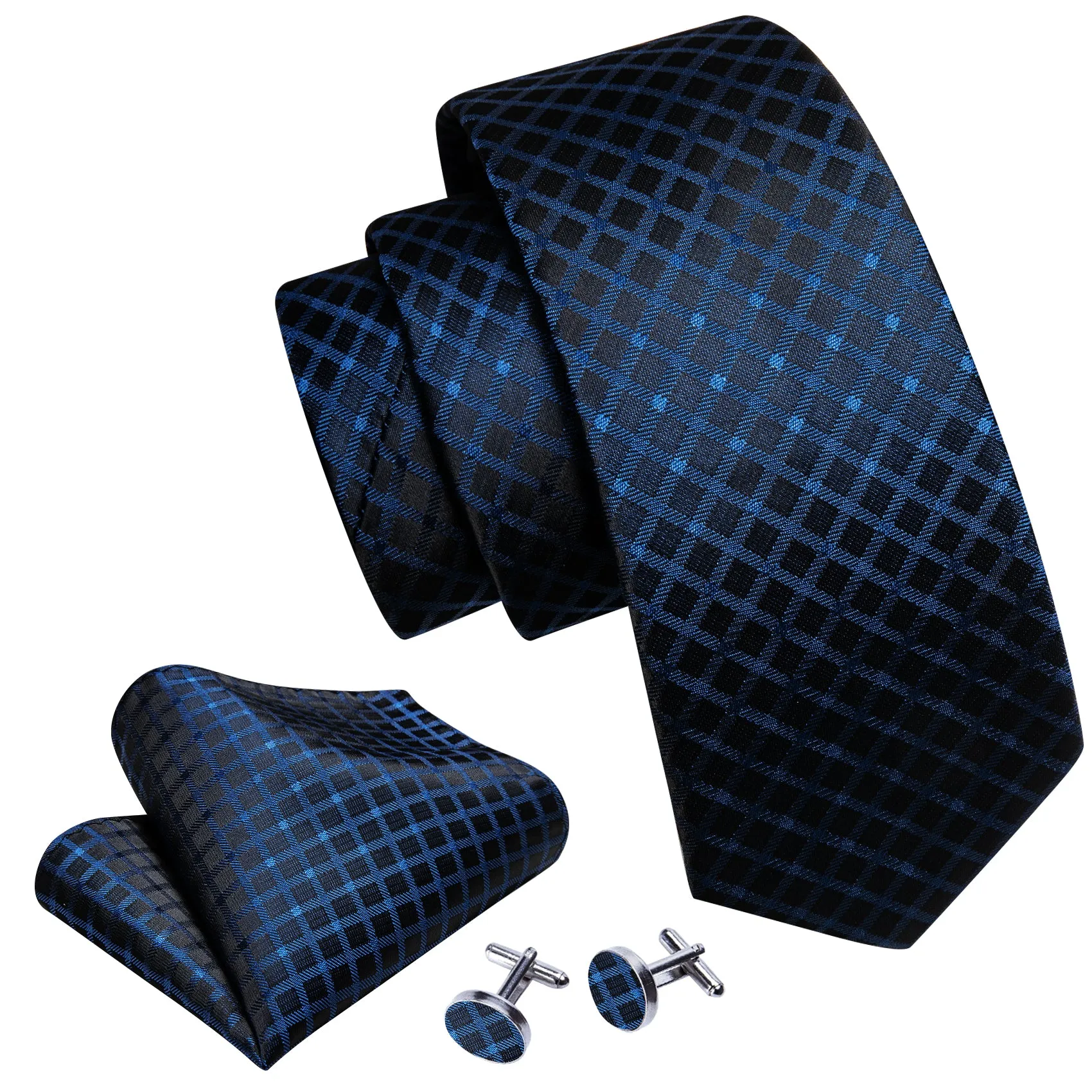 Blue Black Plaid Silk Tie Handkerchief Cufflinks Set sold by Barrywang product image thumbnail 5