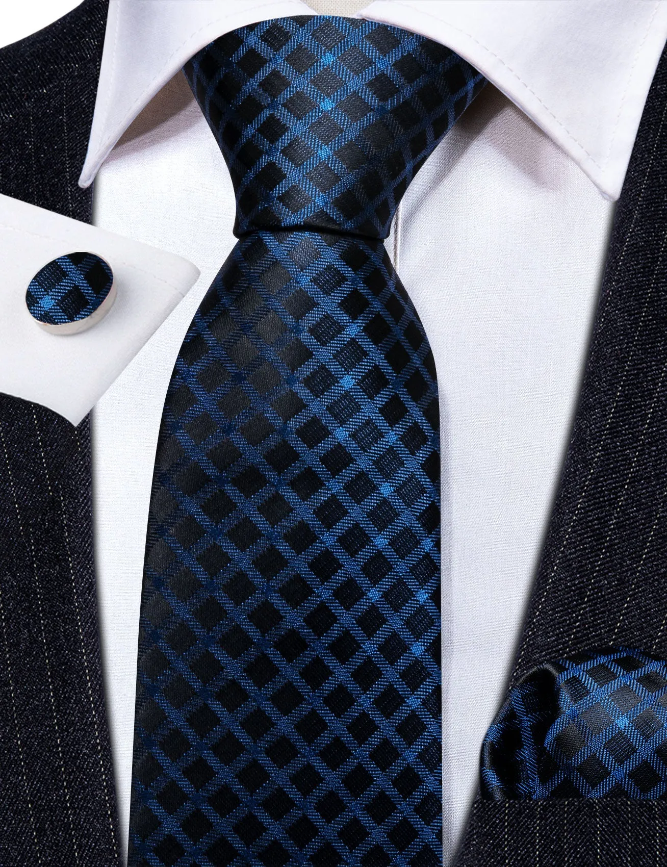 Blue Black Plaid Silk Tie Handkerchief Cufflinks Set sold by Barrywang product image thumbnail 4
