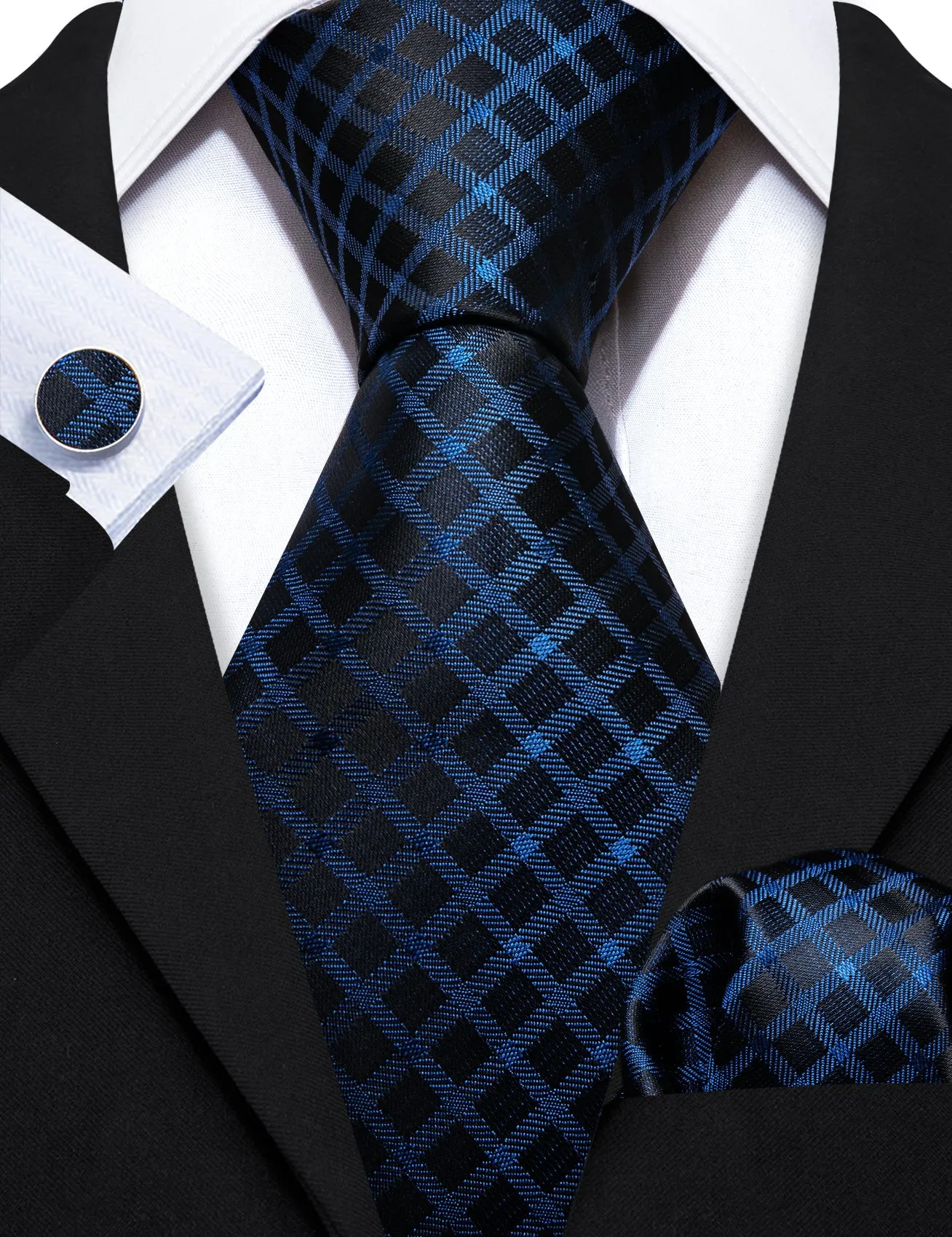 Blue Black Plaid Silk Tie Handkerchief Cufflinks Set sold by Barrywang product image thumbnail 3