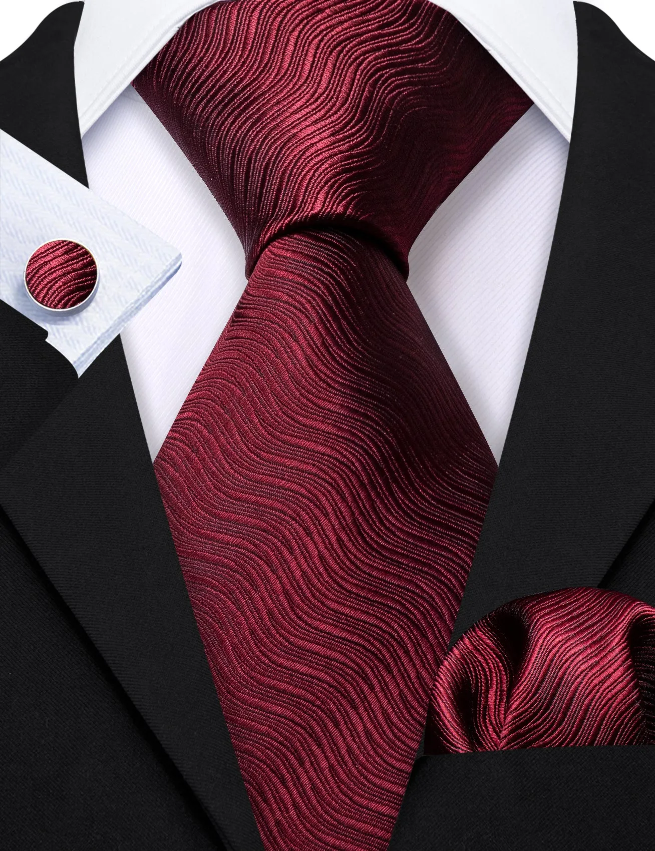 Barry Wang Burgundy Solid Ripples Silk Tie Handkerchief Cufflinks Set sold by Barrywang product image thumbnail 3
