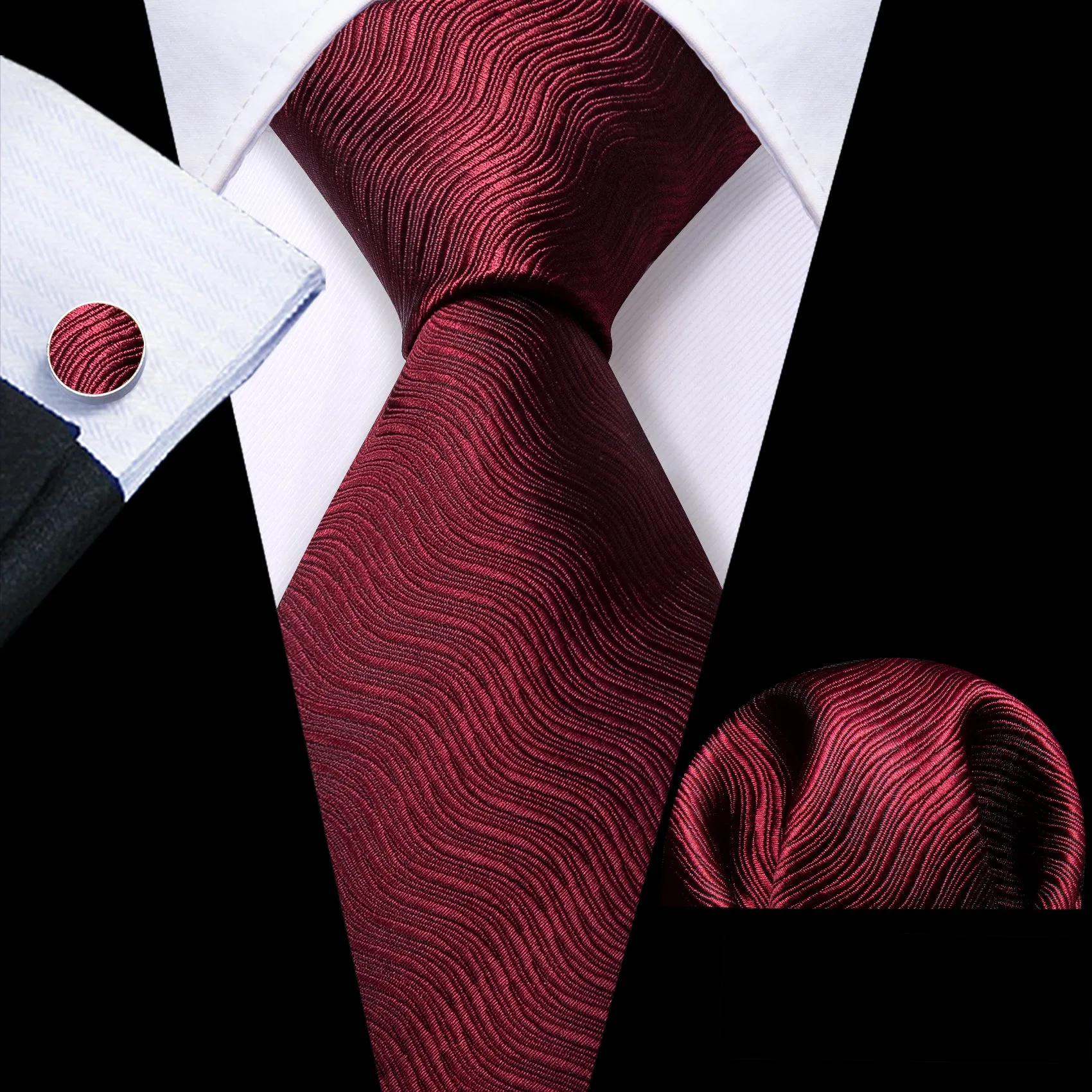 Barry Wang Burgundy Solid Ripples Silk Tie Handkerchief Cufflinks Set sold by Barrywang