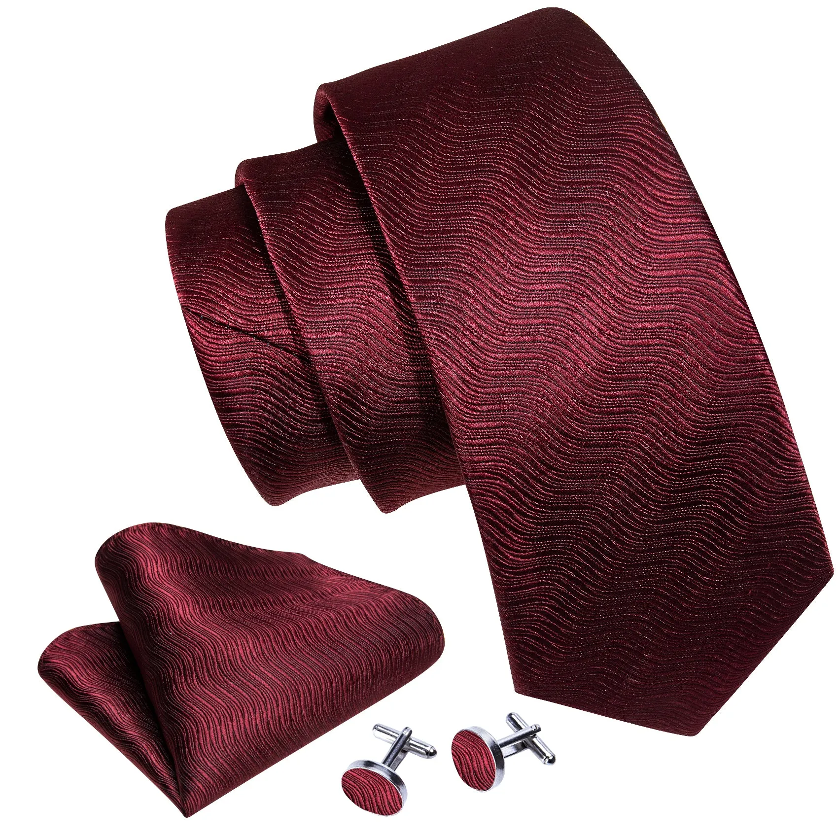 Barry Wang Burgundy Solid Ripples Silk Tie Handkerchief Cufflinks Set sold by Barrywang product image thumbnail 5