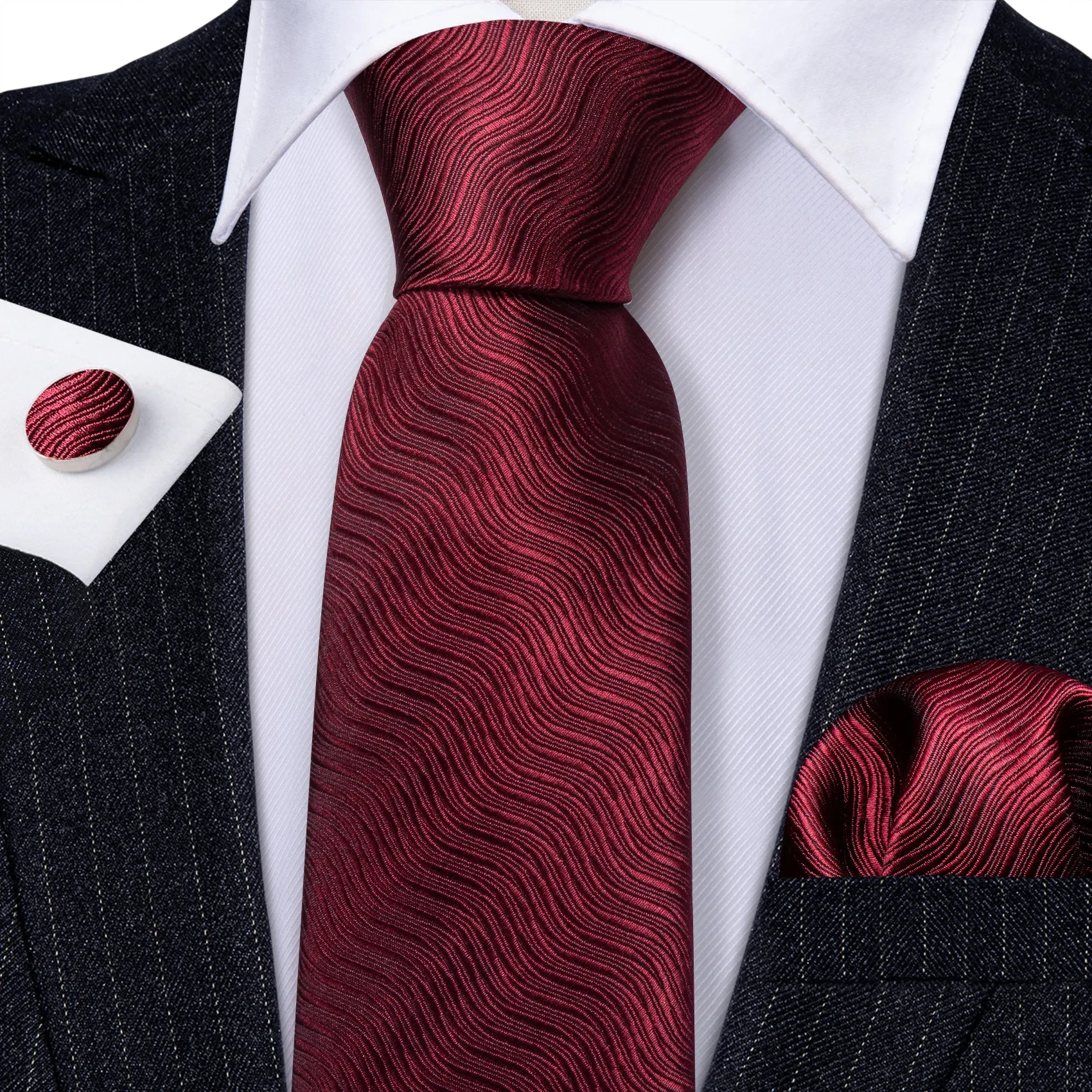 Barry Wang Burgundy Solid Ripples Silk Tie Handkerchief Cufflinks Set sold by Barrywang product image thumbnail 2