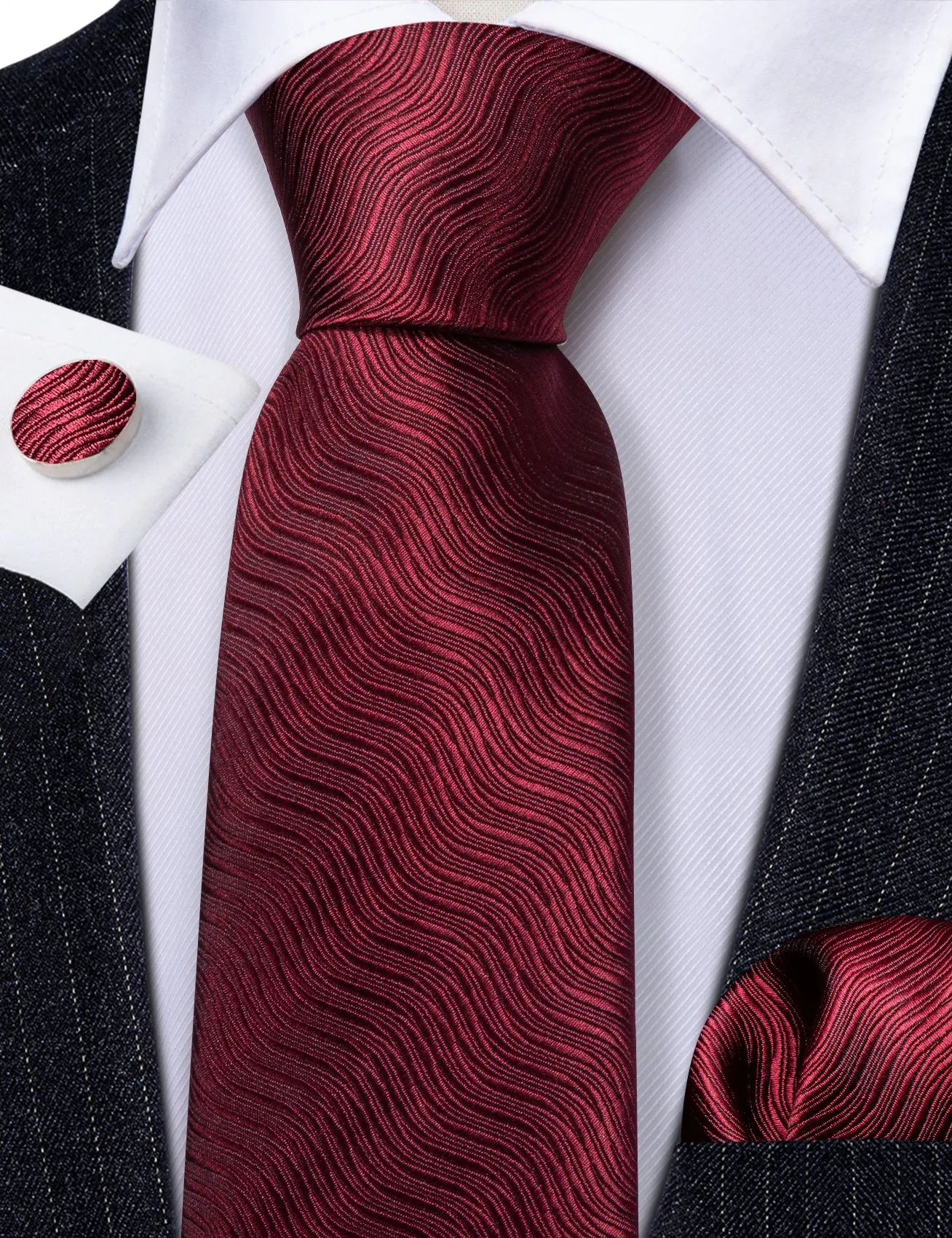 Barry Wang Burgundy Solid Ripples Silk Tie Handkerchief Cufflinks Set sold by Barrywang product image thumbnail 4