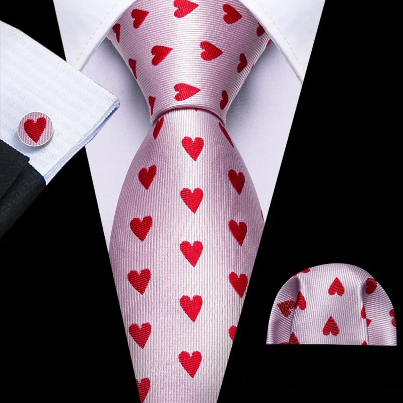 Barry Wang Mens Pink Necktie Red Heart Pattern Tie Hanky Cufflinks Set sold by Barrywang