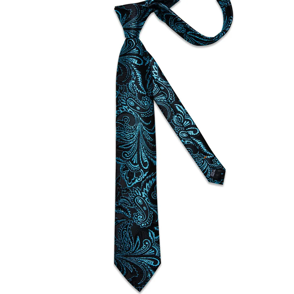Barry.Wang Teal Paisley Silk Necktie Pocket Square Cufflinks Set sold by Barrywang product image thumbnail 3