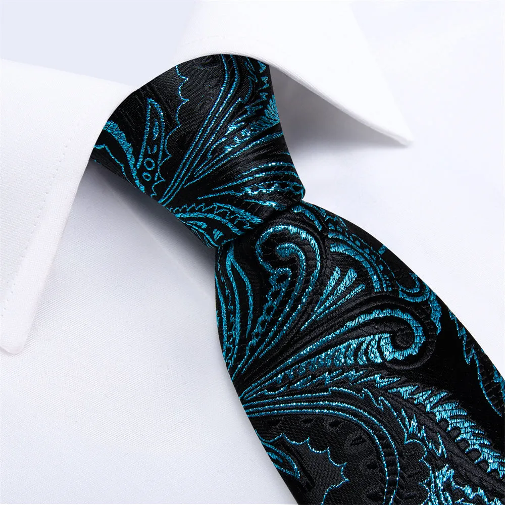 Barry.Wang Teal Paisley Silk Necktie Pocket Square Cufflinks Set sold by Barrywang product image thumbnail 5