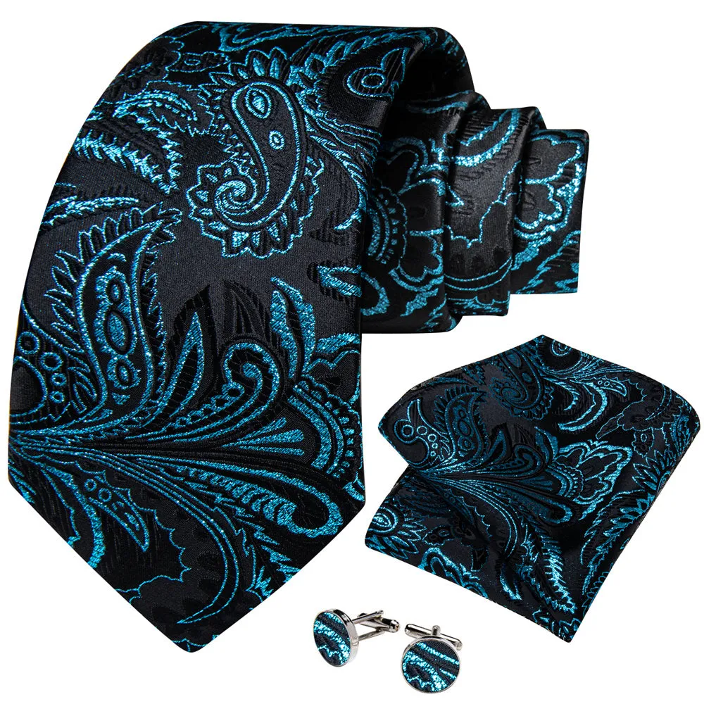 Barry.Wang Teal Paisley Silk Necktie Pocket Square Cufflinks Set sold by Barrywang product image thumbnail 2
