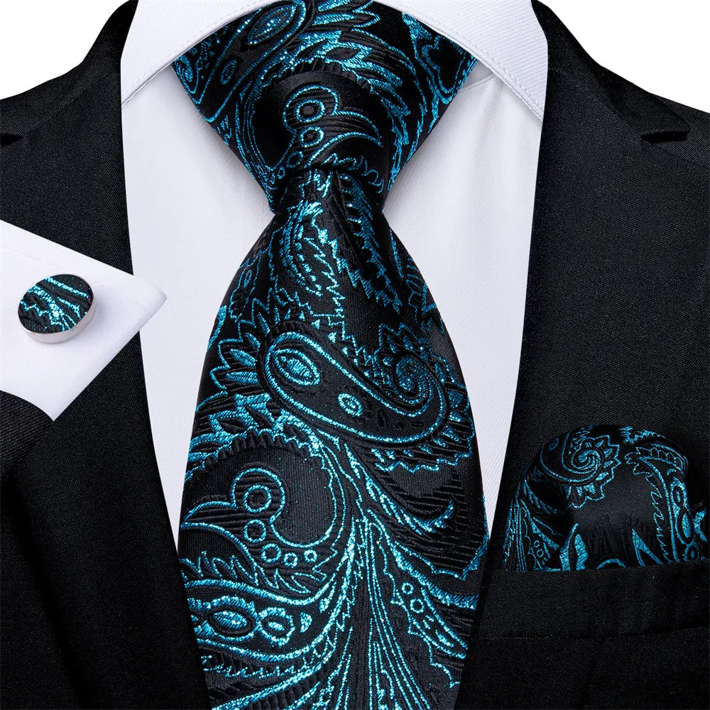 Barry.Wang Teal Paisley Silk Necktie Pocket Square Cufflinks Set sold by Barrywang
