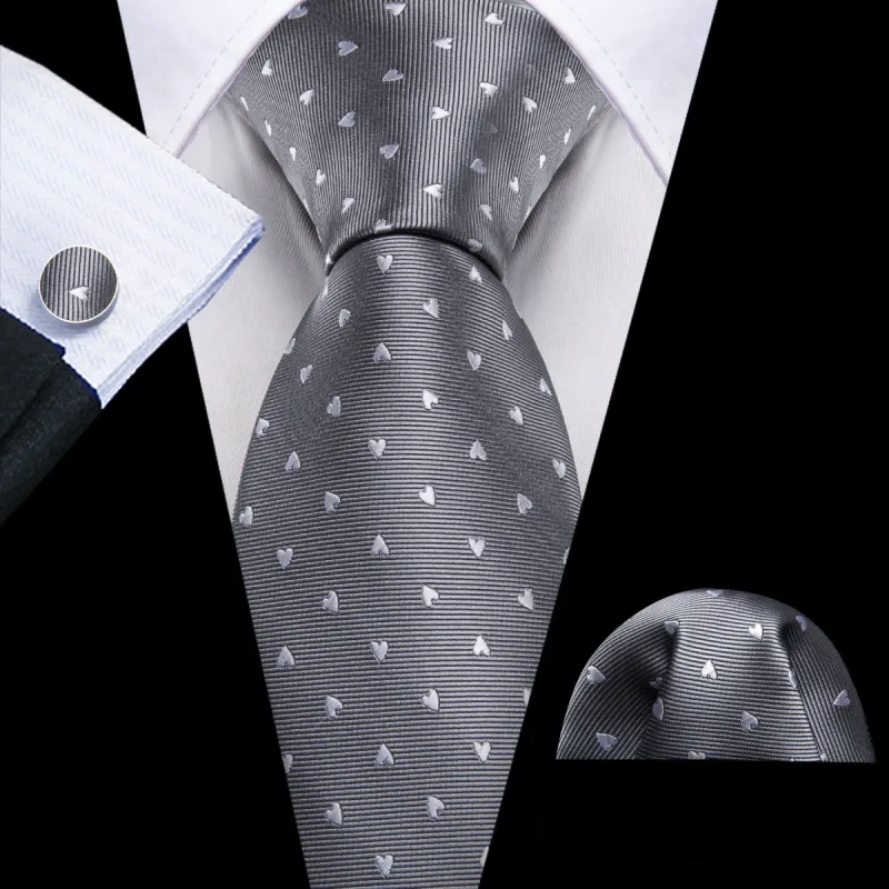 Barry Wang Grey Ties White Heart Pattern Necktie Hanky Cufflinks Set sold by Barrywang