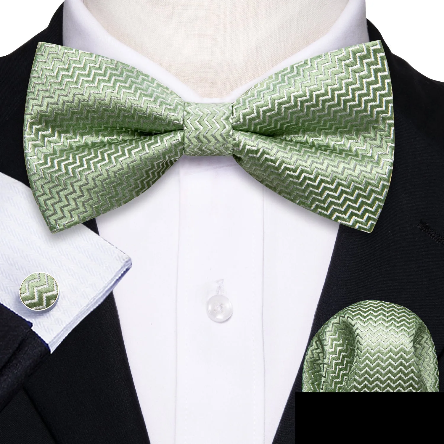 Barry. Wang Sage Green Curve Silk Bow Tie Hanky Cufflinks Set sold by Barrywang product image thumbnail 2