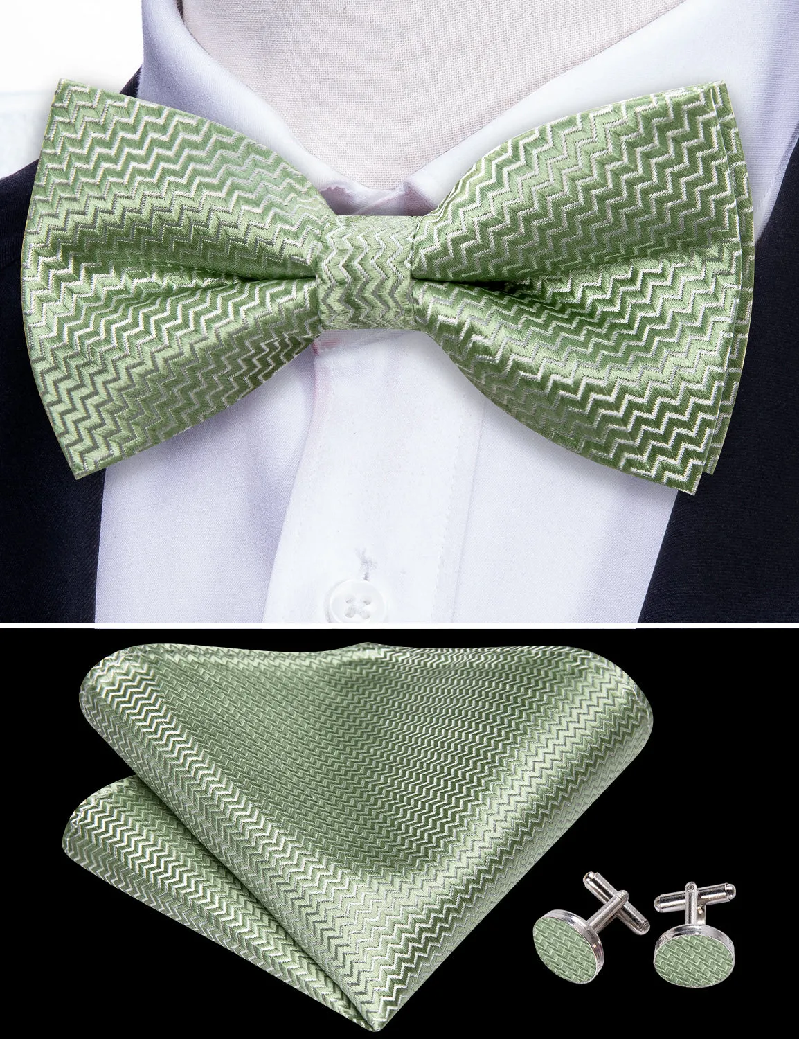 Barry. Wang Sage Green Curve Silk Bow Tie Hanky Cufflinks Set sold by Barrywang product image thumbnail 3