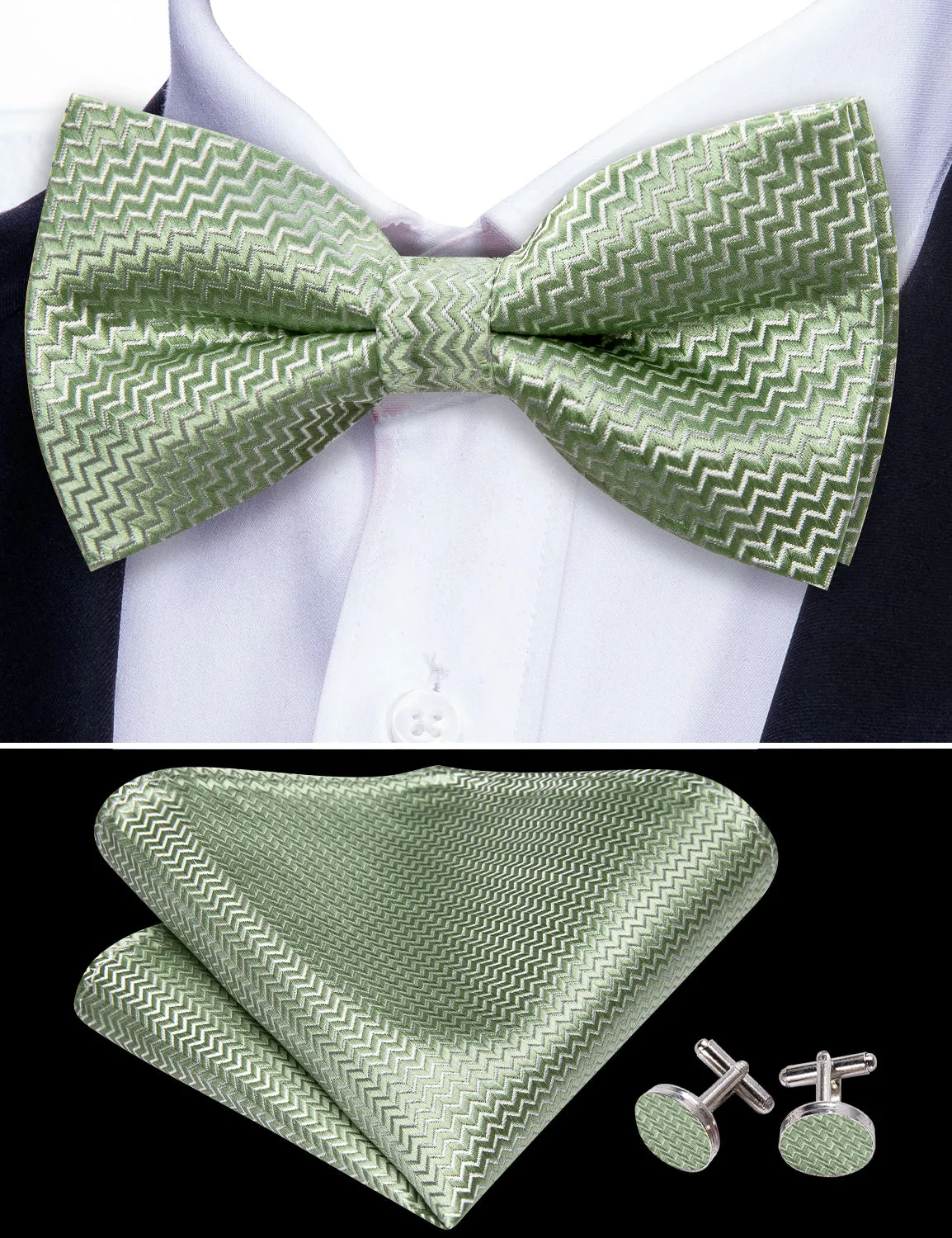 Barry. Wang Sage Green Curve Silk Bow Tie Hanky Cufflinks Set sold by Barrywang product image thumbnail 4
