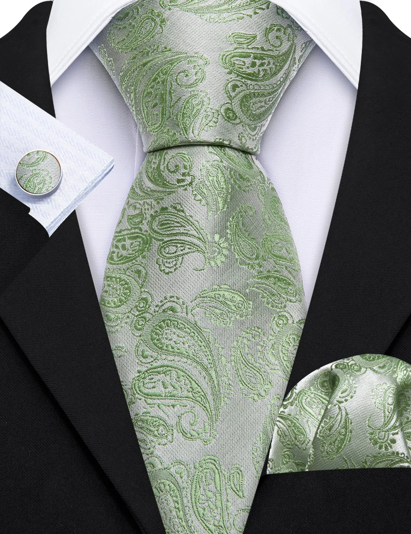 Barry Wang Sage Green Silver Paisley Silk 63 Inches Extra Long Tie Hanky Cufflinks Set sold by Barrywang product image thumbnail 2