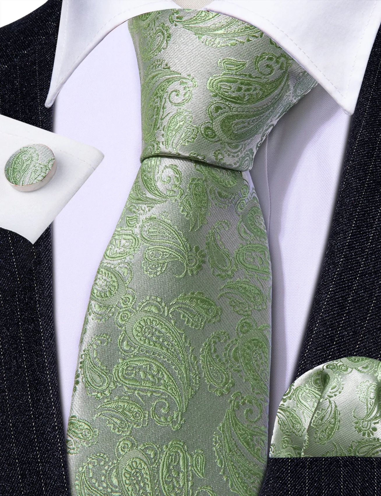 Barry Wang Sage Green Silver Paisley Silk 63 Inches Extra Long Tie Hanky Cufflinks Set sold by Barrywang product image thumbnail 3