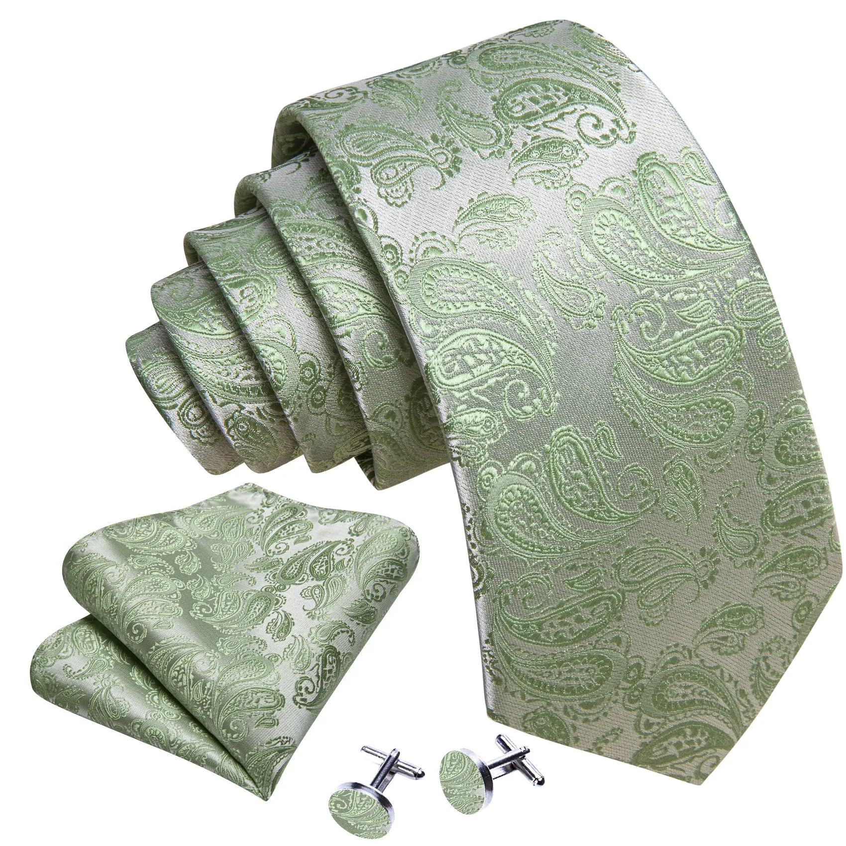 Barry Wang Sage Green Silver Paisley Silk 63 Inches Extra Long Tie Hanky Cufflinks Set sold by Barrywang product image thumbnail 4