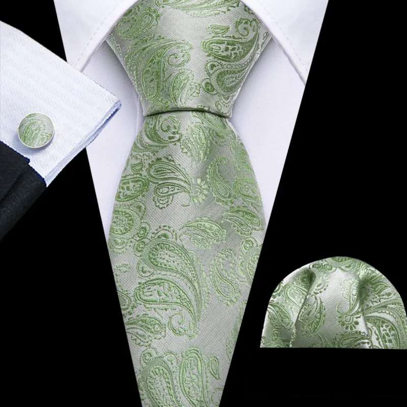 Barry Wang Sage Green Silver Paisley Silk 63 Inches Extra Long Tie Hanky Cufflinks Set sold by Barrywang
