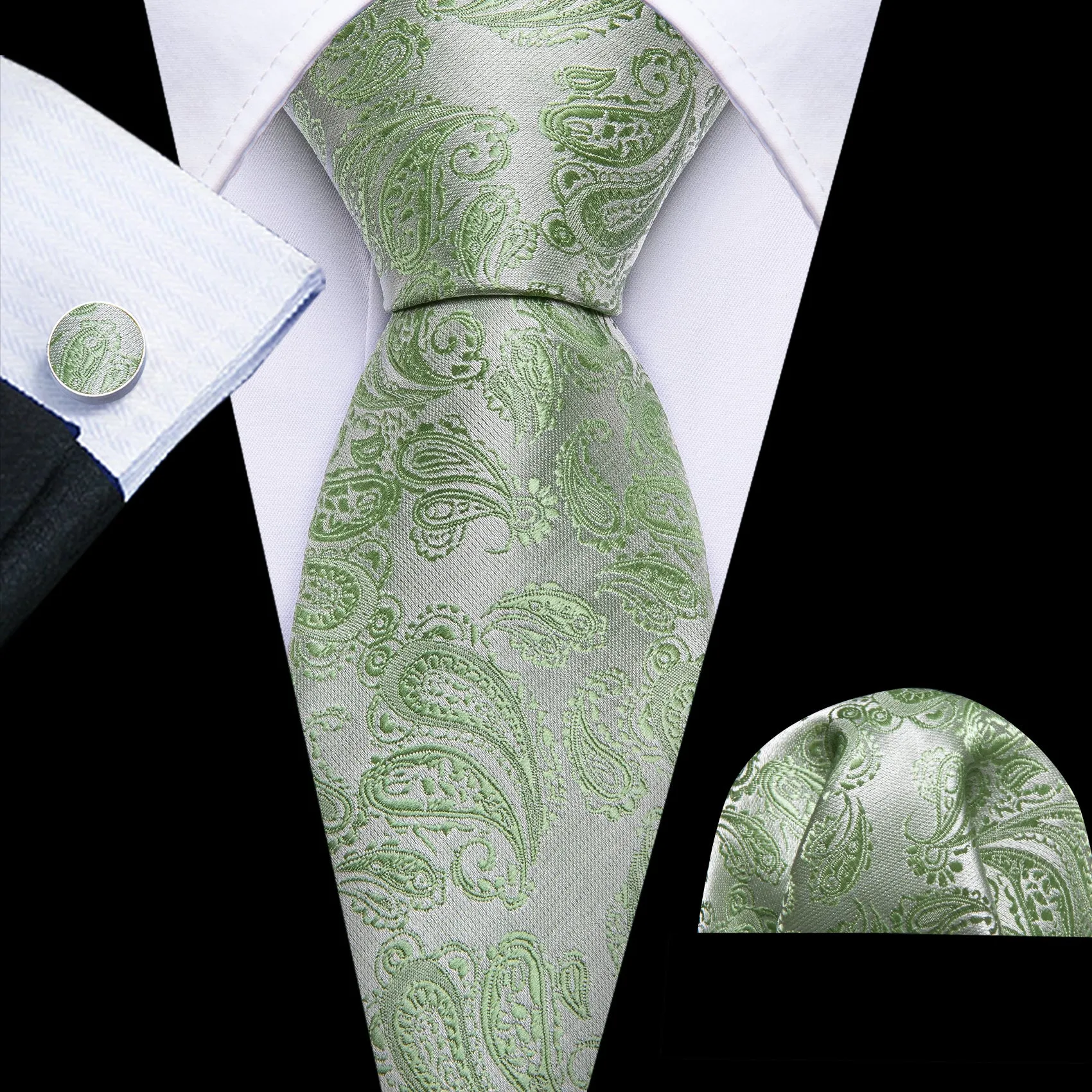 Barry Wang Sage Green Silver Paisley Silk 63 Inches Extra Long Tie Hanky Cufflinks Set sold by Barrywang