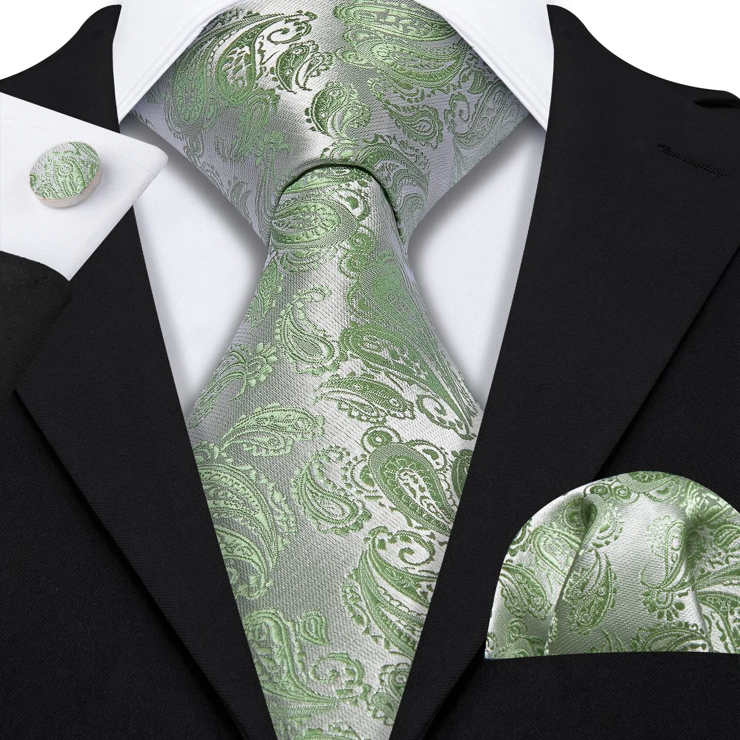 Barry Wang Sage Green Silver Paisley Silk 63 Inches Extra Long Tie Hanky Cufflinks Set sold by Barrywang product image thumbnail 5