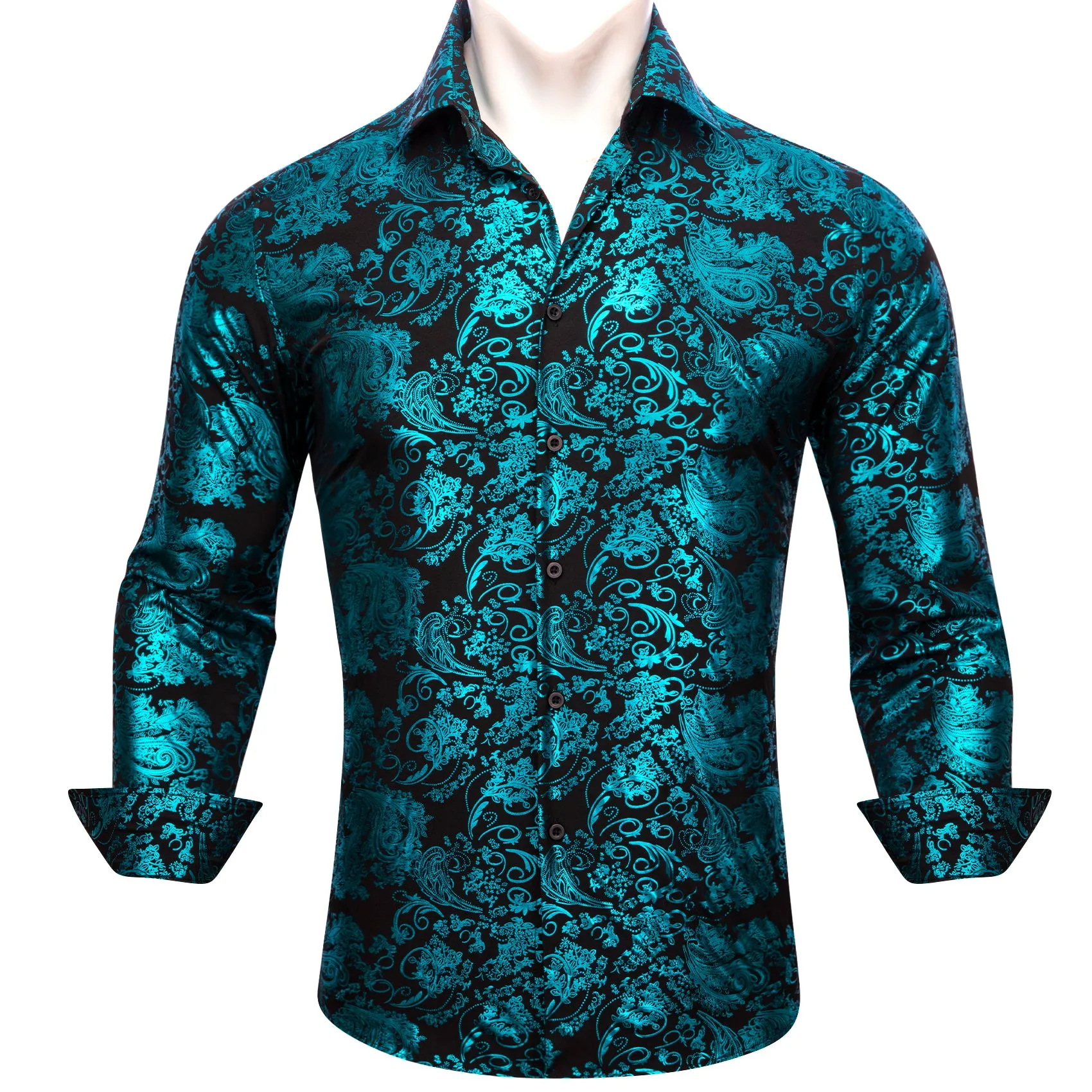 Barry. Wang Pale Blue Black Floral Silk Men's Shirt sold by Barrywang product image thumbnail 3