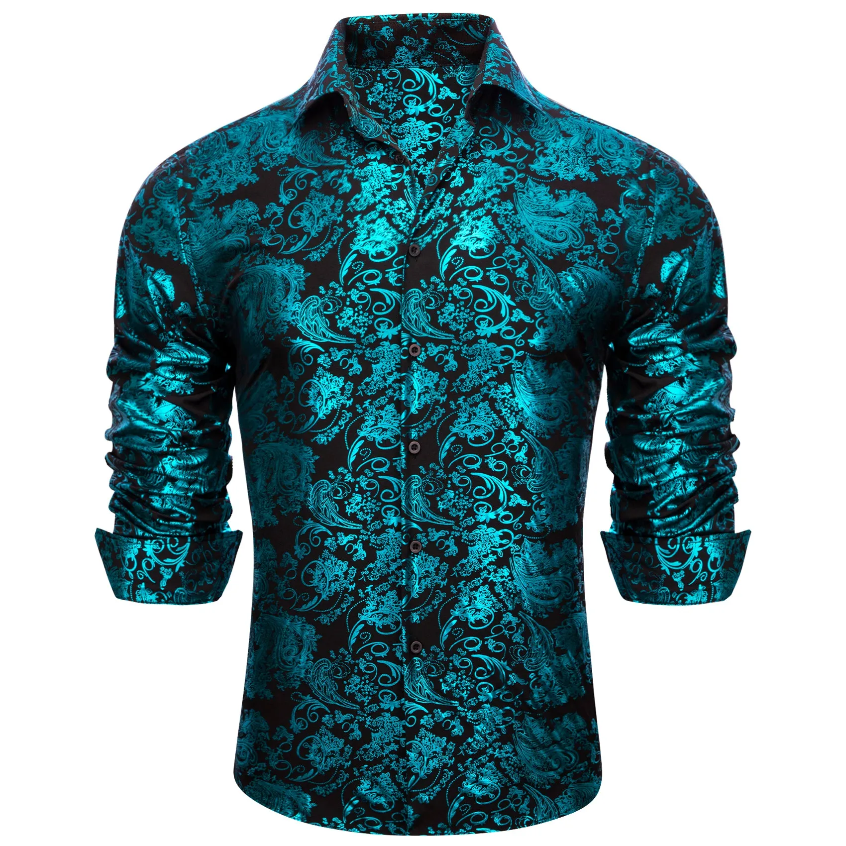 Barry. Wang Pale Blue Black Floral Silk Men's Shirt sold by Barrywang product image thumbnail 5
