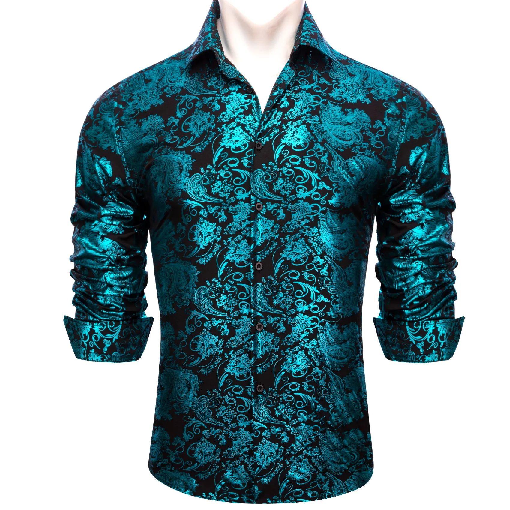 Barry. Wang Pale Blue Black Floral Silk Men's Shirt sold by Barrywang product image thumbnail 4