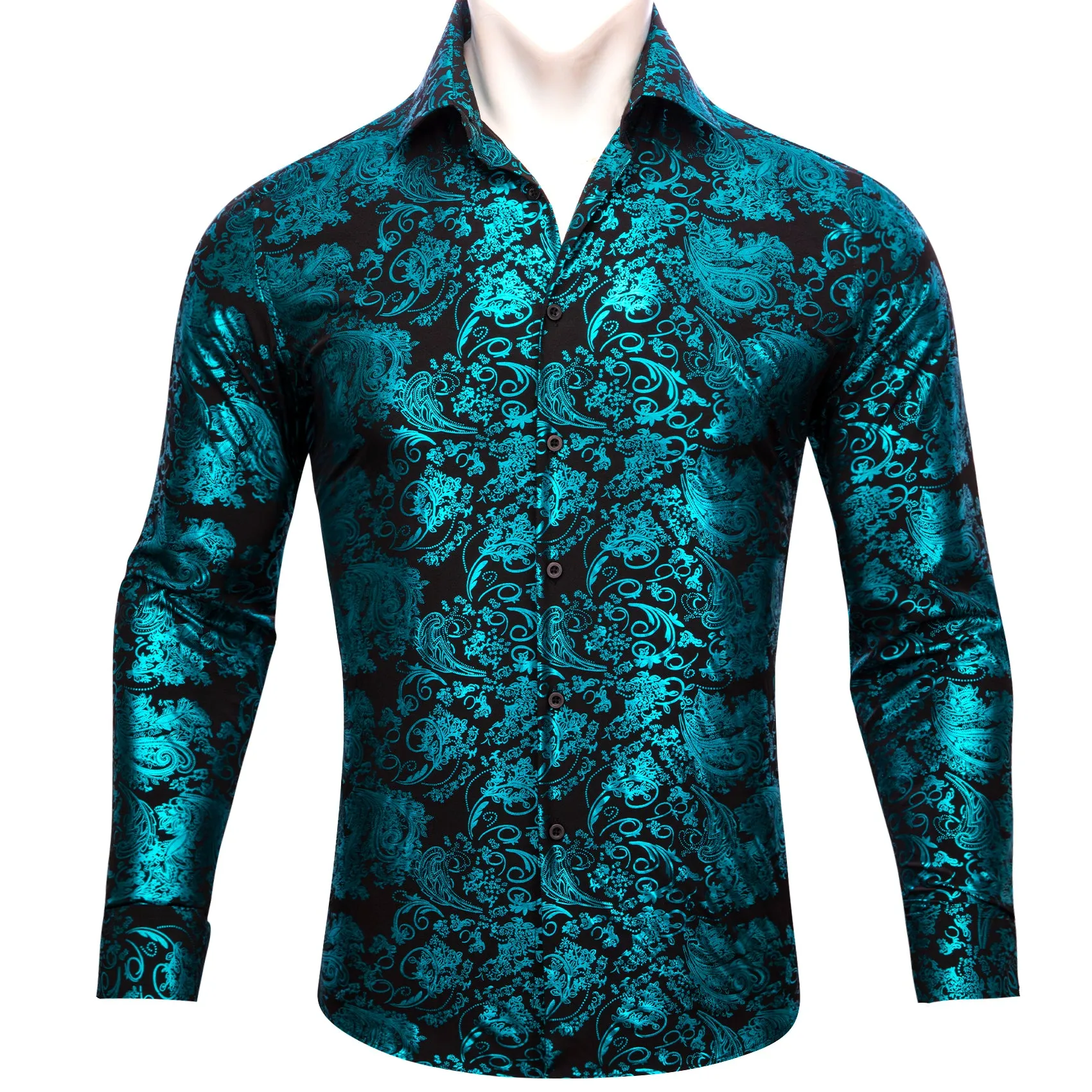 Barry. Wang Pale Blue Black Floral Silk Men's Shirt sold by Barrywang