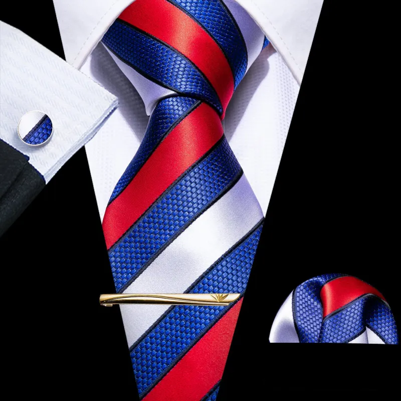 Barry. Wang Blue Red White Striped Necktie Mens Tie Hanky Cufflinks Set sold by Barrywang