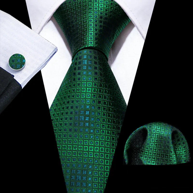 Green Blue Plaid Silk Tie Handkerchief Cufflinks Set sold by Barrywang