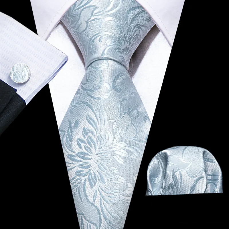 Barry Wang Mens White Peony Flower Silk Tie Handkerchief Cufflinks Set sold by Barrywang