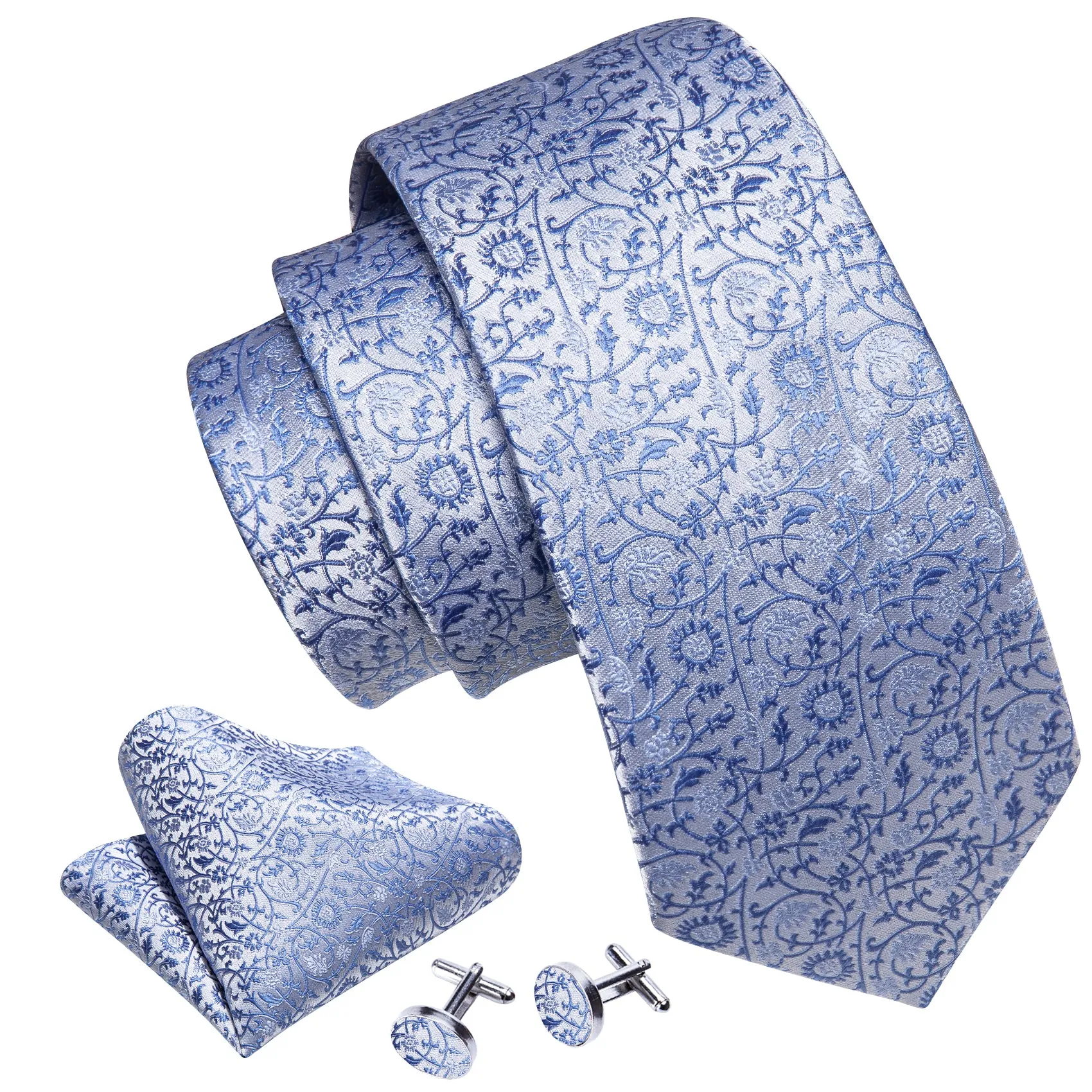 Barry Wang Sky Blue Necktie White Floral Mens Tie Hanky Cufflinks Set sold by Barrywang product image thumbnail 5
