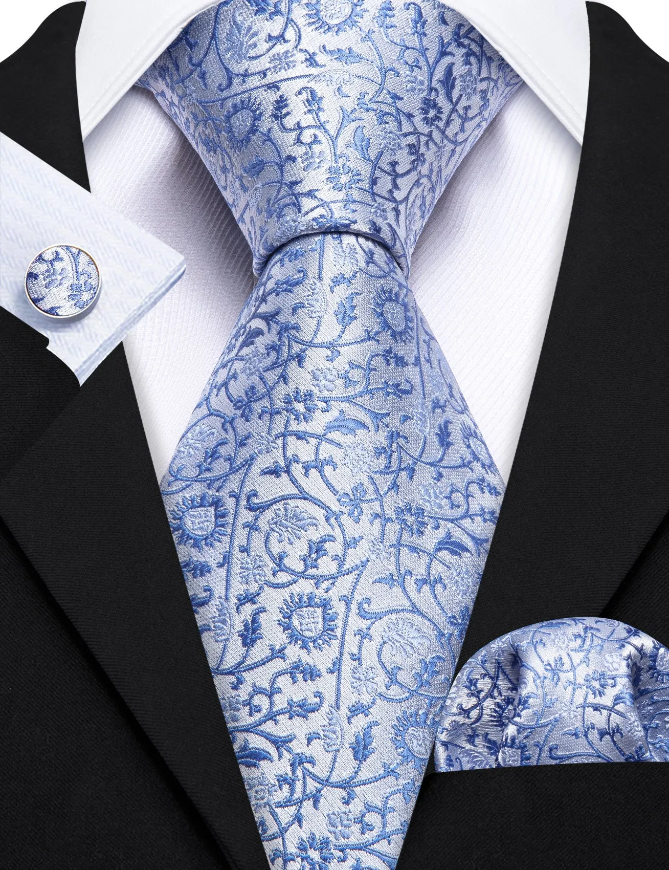 Barry Wang Sky Blue Necktie White Floral Mens Tie Hanky Cufflinks Set sold by Barrywang product image thumbnail 3