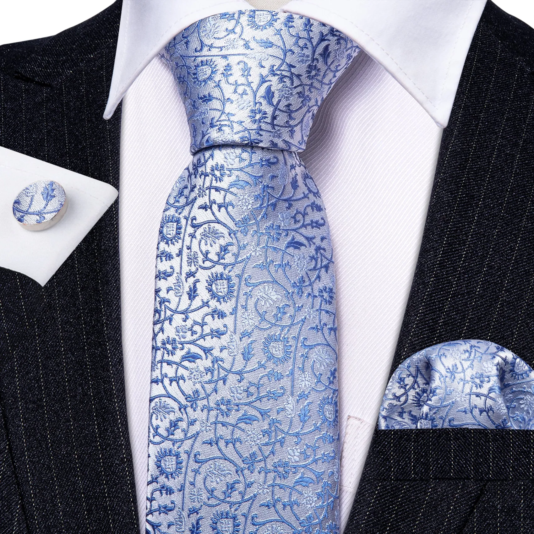 Barry Wang Sky Blue Necktie White Floral Mens Tie Hanky Cufflinks Set sold by Barrywang product image thumbnail 2