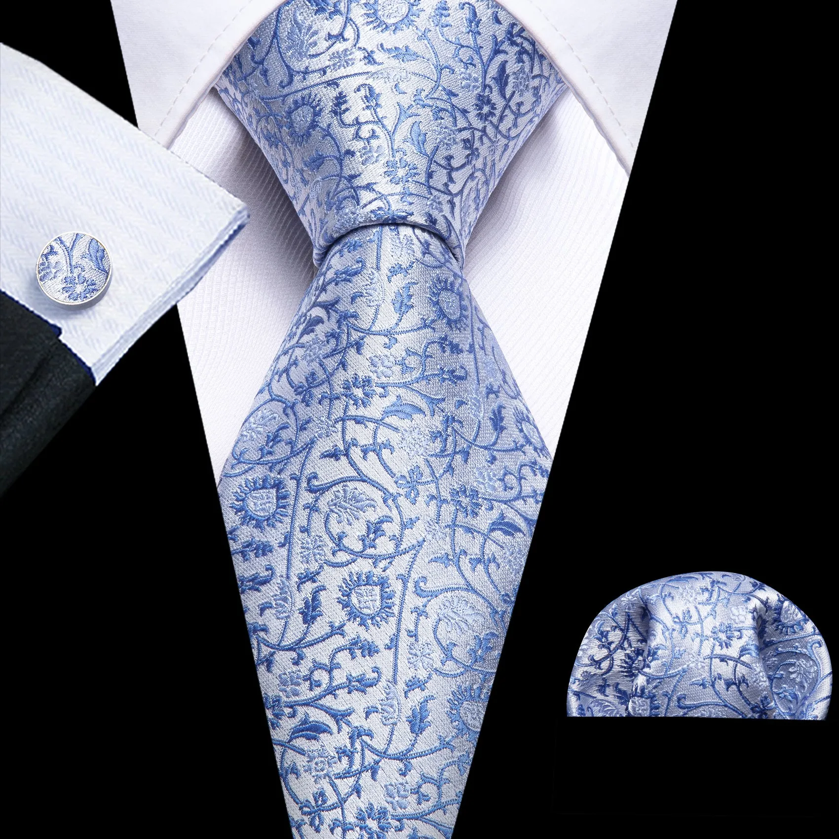 Barry Wang Sky Blue Necktie White Floral Mens Tie Hanky Cufflinks Set sold by Barrywang