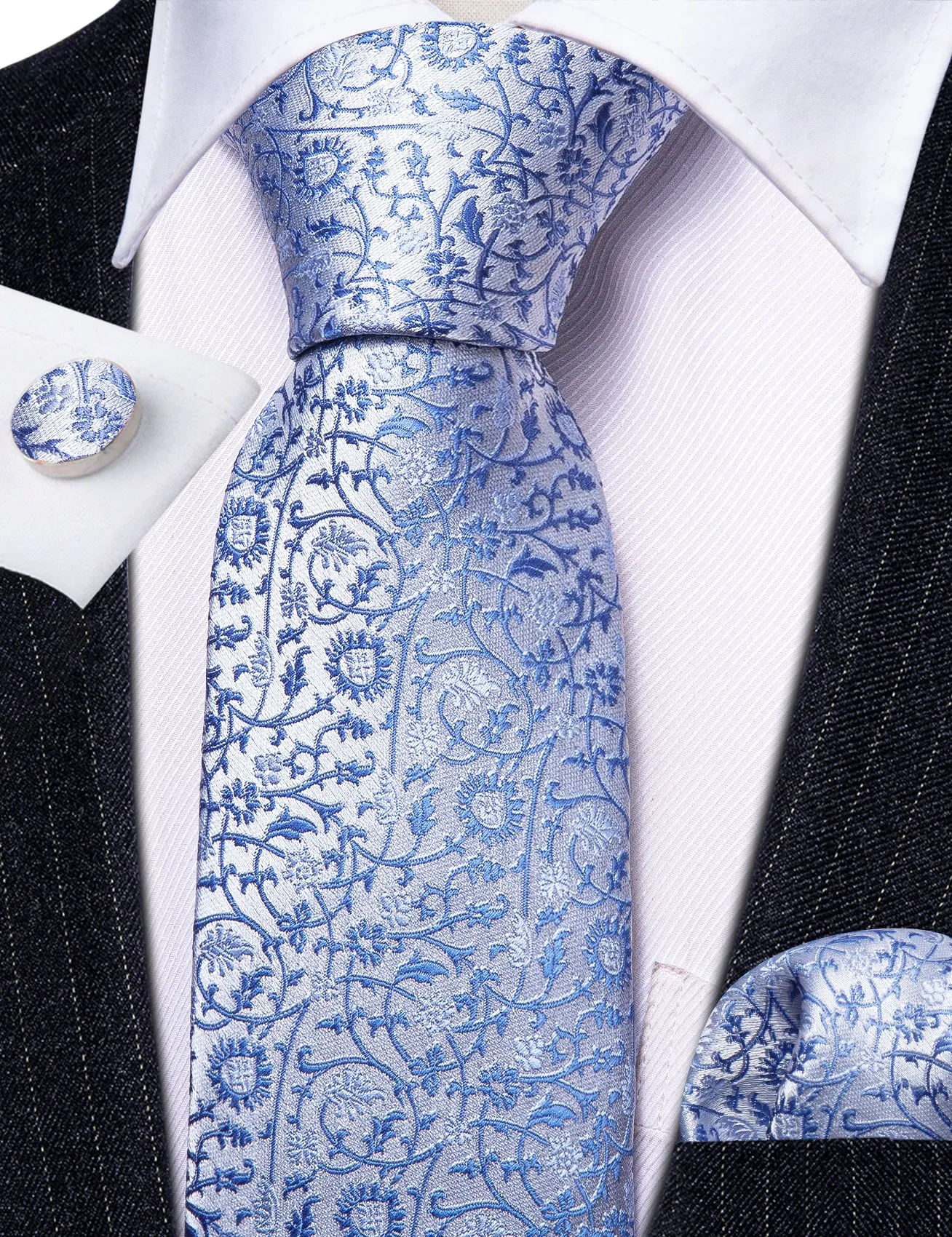 Barry Wang Sky Blue Necktie White Floral Mens Tie Hanky Cufflinks Set sold by Barrywang product image thumbnail 4