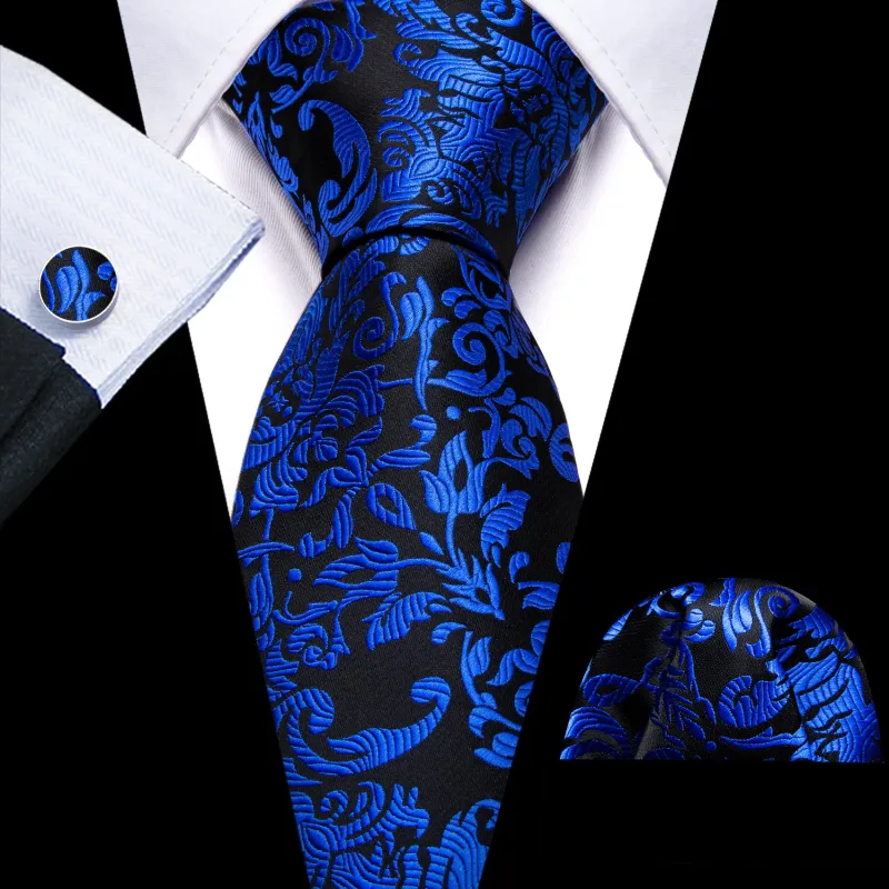 Barry Wang Black Tie Cobalt Blue Floral Silk Tie Pocket Square Cufflinks Set sold by Barrywang