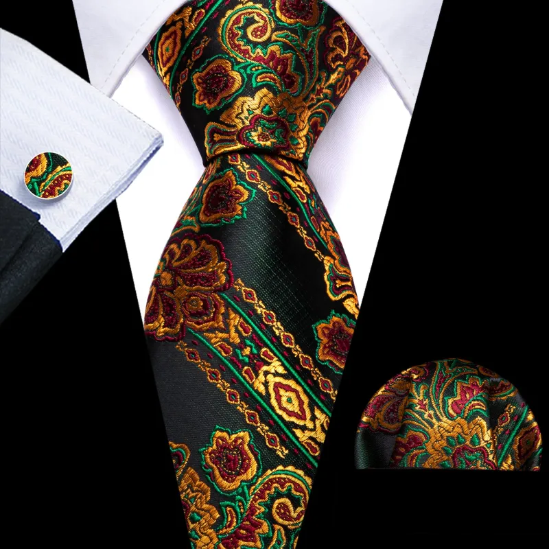 Barry Wang Black Tie Gold Green Paisley Silk Tie Hanky Cufflinks Set sold by Barrywang
