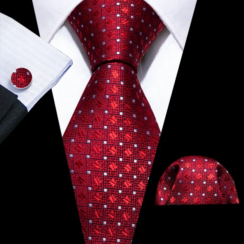 Red White Plaid Silk Tie Handkerchief Cufflinks Set sold by Barrywang