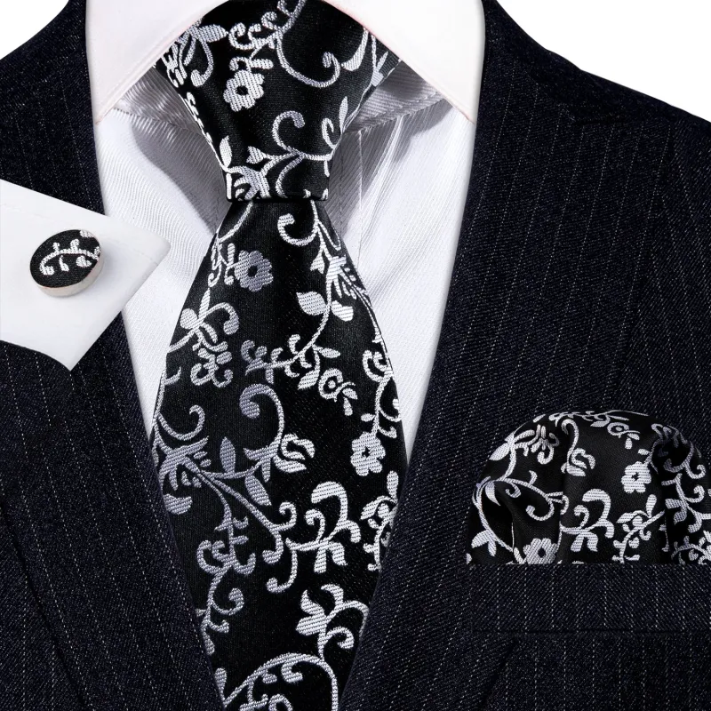 Black White Flower Silk Tie Handkerchief Cufflinks Set sold by Barrywang