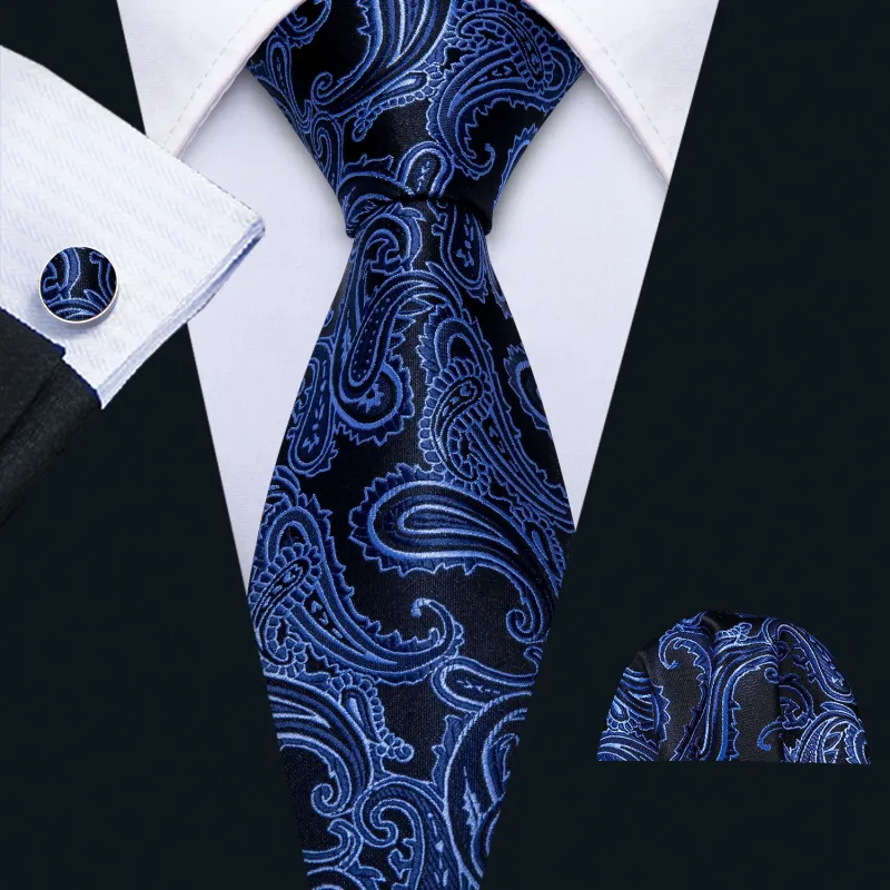 Barry Wang Dark Blue Tie Black Paisley Tie Pocket Square Cufflinks Set sold by Barrywang