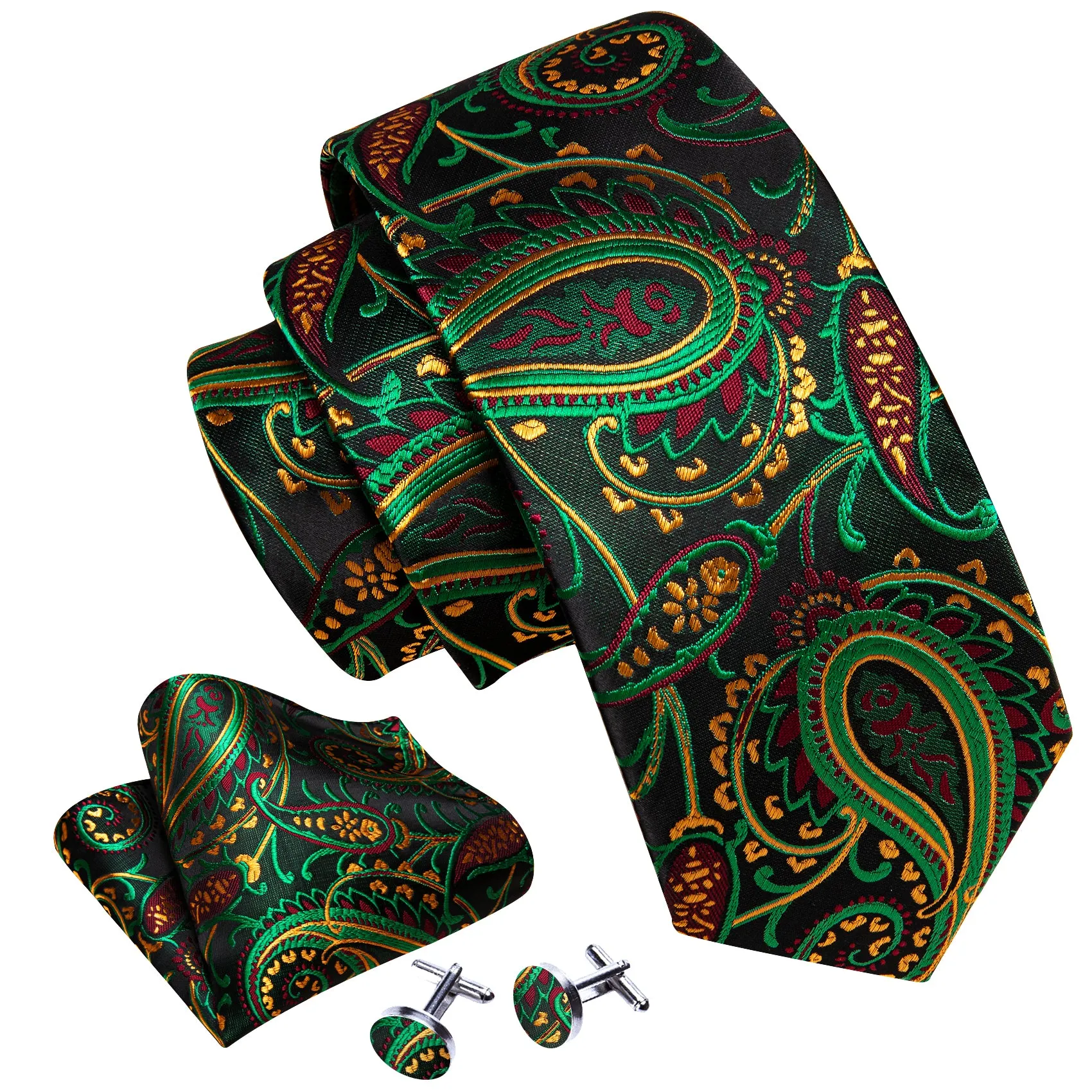 Barry Wang Black TIe Green Yellow Paisley Silk Tie Handkerchief Cufflinks Set sold by Barrywang product image thumbnail 2