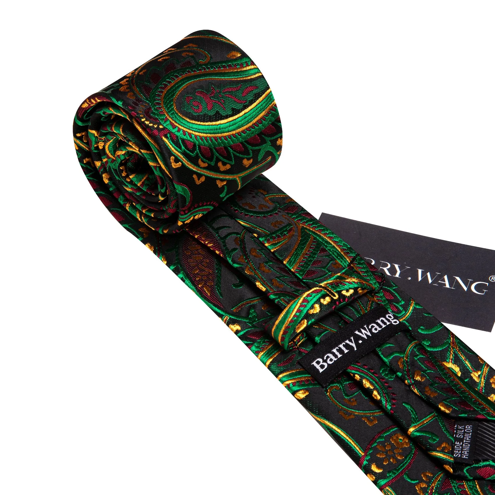 Barry Wang Black TIe Green Yellow Paisley Silk Tie Handkerchief Cufflinks Set sold by Barrywang product image thumbnail 5