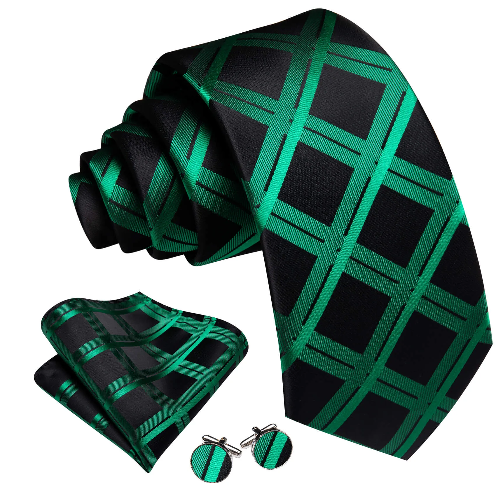 Barry Wang Plaid Tie Silk Black Emerald Green Men's Tie Pocket Square Cufflinks Set sold by Barrywang product image thumbnail 3