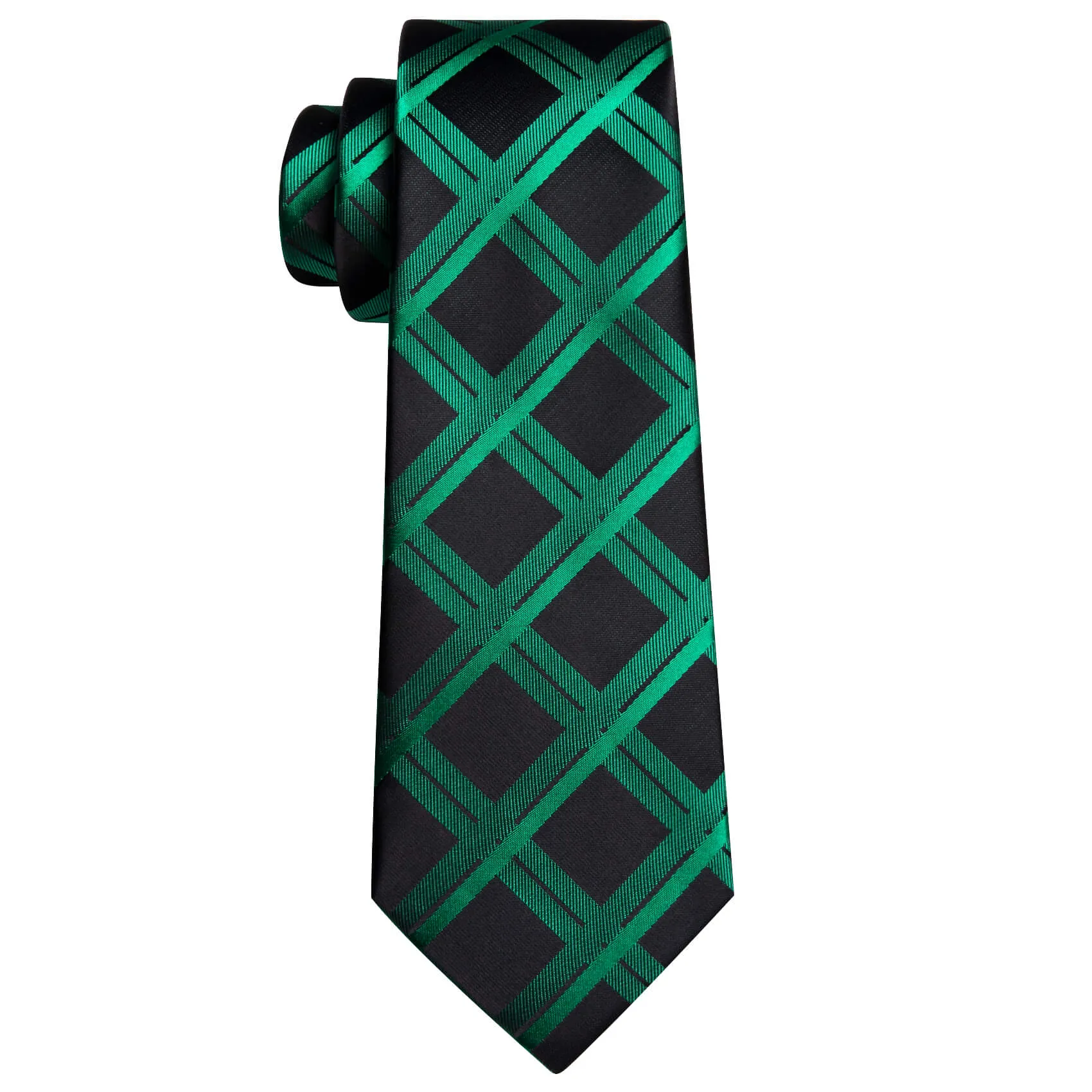 Barry Wang Plaid Tie Silk Black Emerald Green Men's Tie Pocket Square Cufflinks Set sold by Barrywang product image thumbnail 5