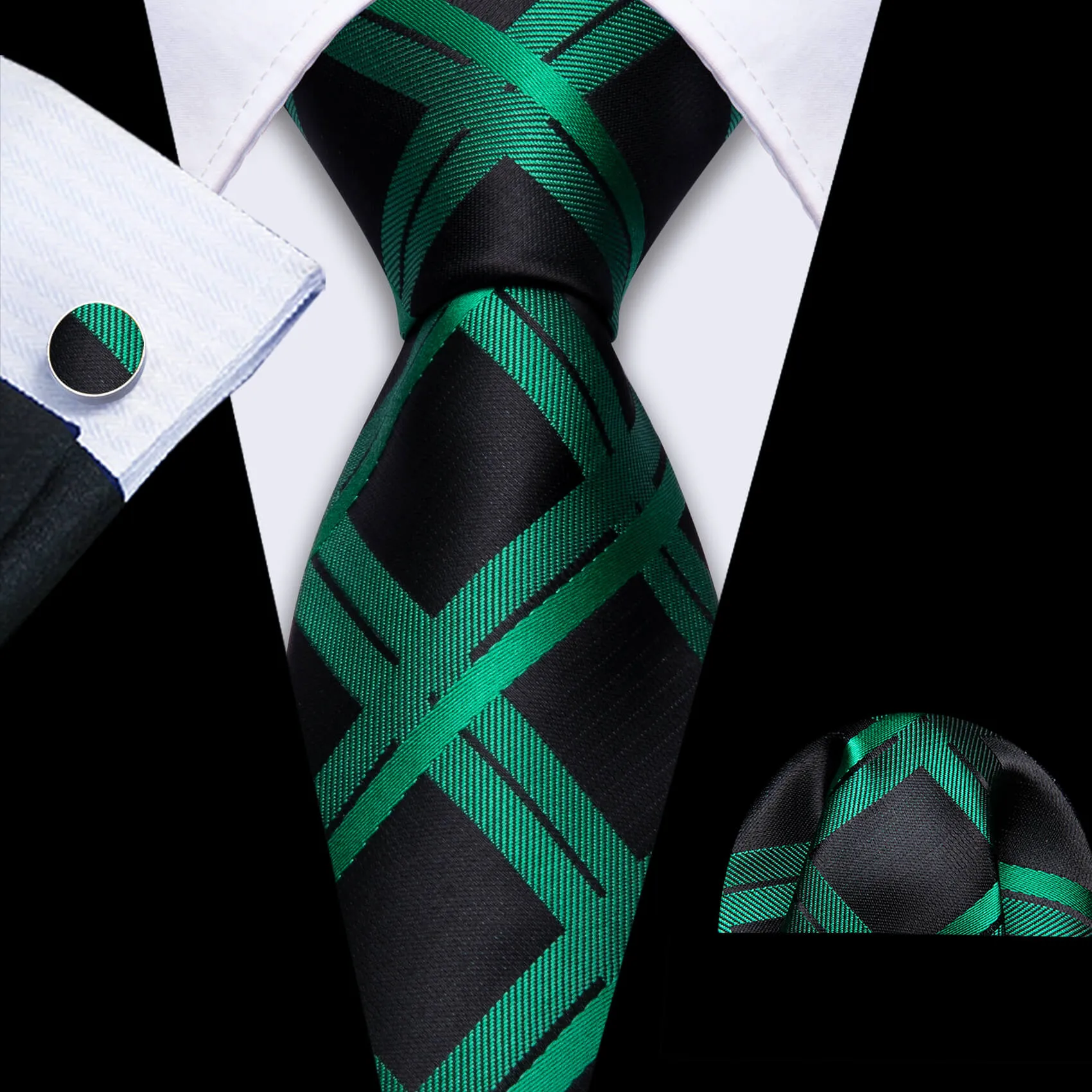 Barry Wang Plaid Tie Silk Black Emerald Green Men's Tie Pocket Square Cufflinks Set sold by Barrywang