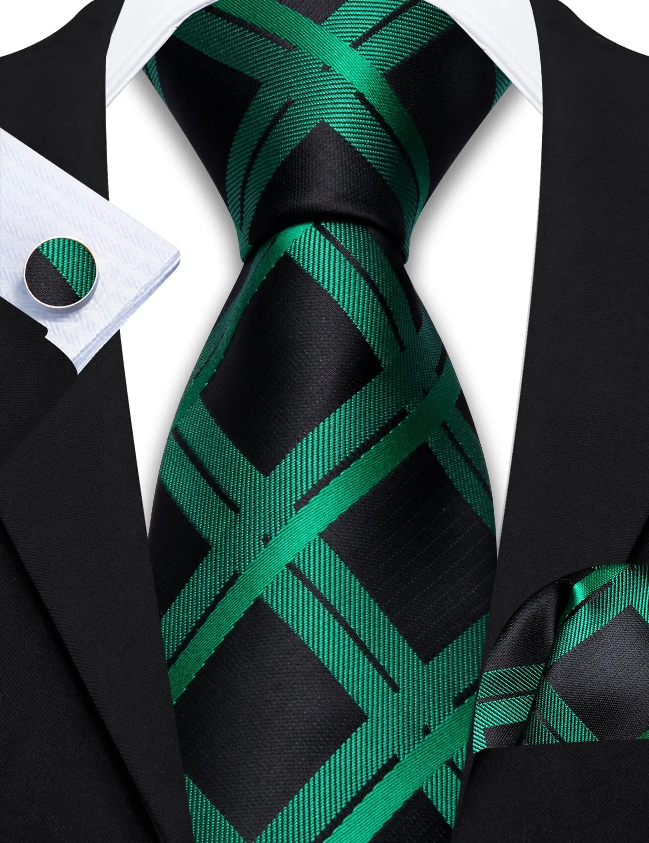 Barry Wang Plaid Tie Silk Black Emerald Green Men's Tie Pocket Square Cufflinks Set sold by Barrywang product image thumbnail 2